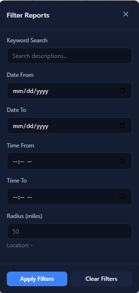 Filter Reports panel showing keyword search, date range, time range, and radius filter options with Apply and Clear buttons
