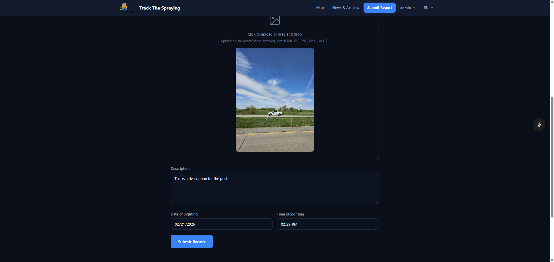 Submit form showing photo upload area, description field, date and time pickers, and Submit Report button
