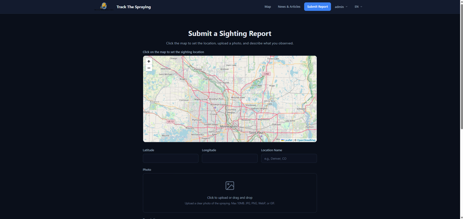Submit report form showing the location map, latitude, longitude, and location name fields